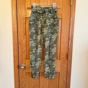 Hollister Cargo Jogger Pants Womens Size S Green Camo High Rise Tie Waist